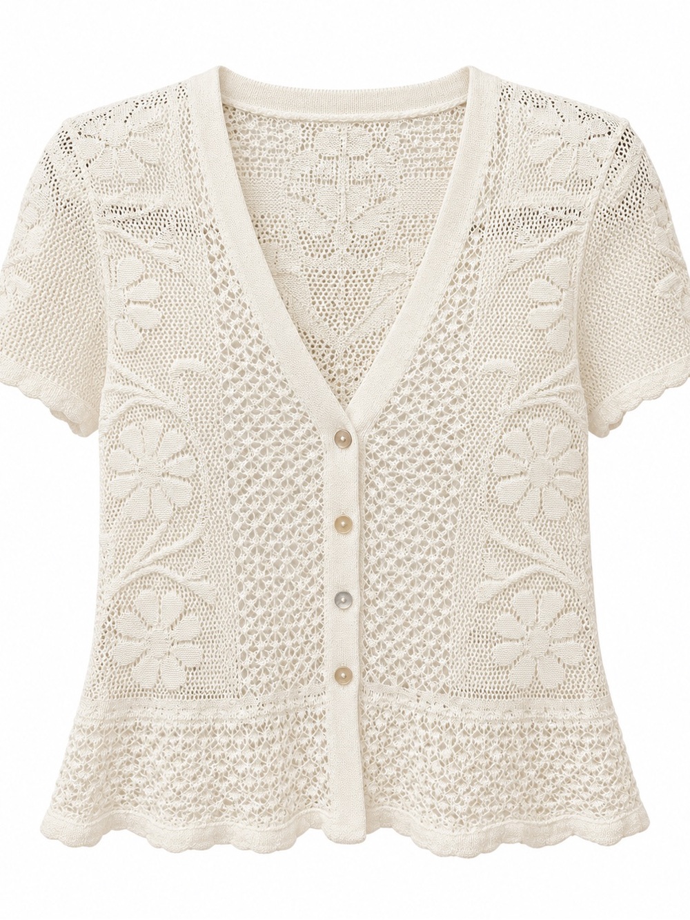 Cream Floral Crochet Button-Front Sweater Cardigan
